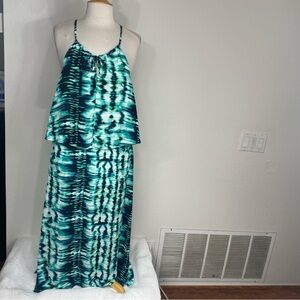 Octavia Blue Green White Tie Dye Double Layer Halter Maxi Dress Size Small Boho